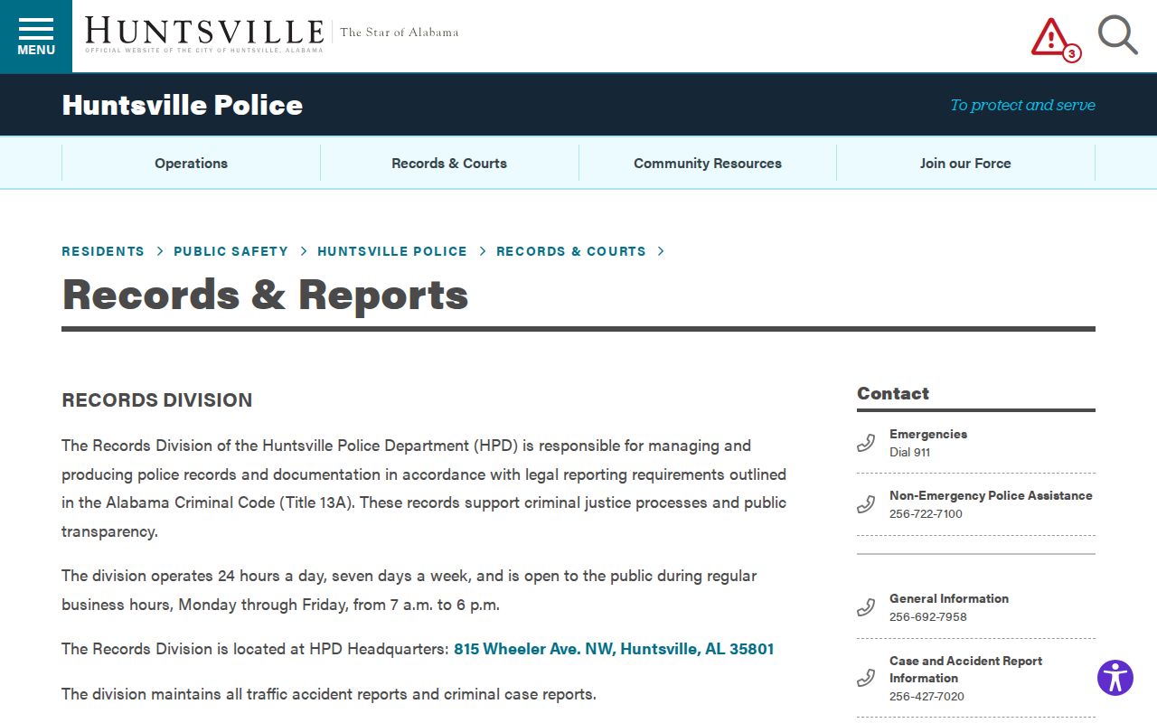 Huntsville Police Records and Reports page with report request information