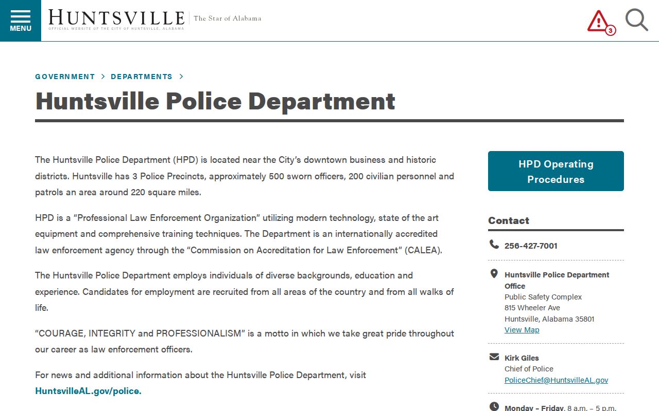 Official Huntsville Police Department page describing the city police agency