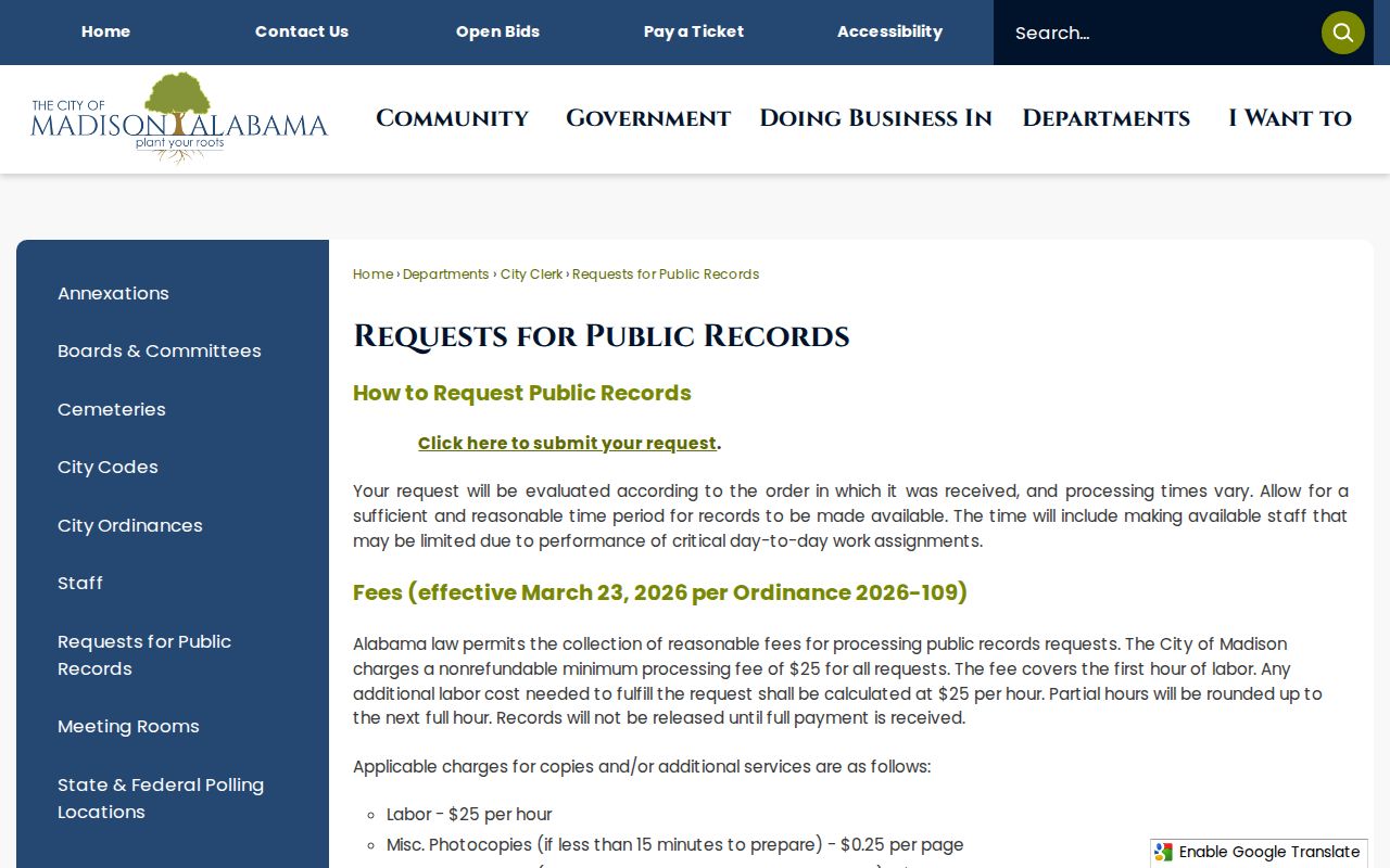 City of Madison official public records request page for arrest reports and records