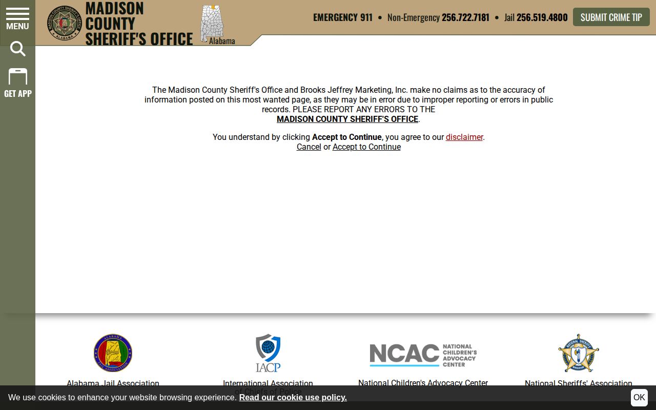 Madison County Sheriff official Most Wanted disclaimer page