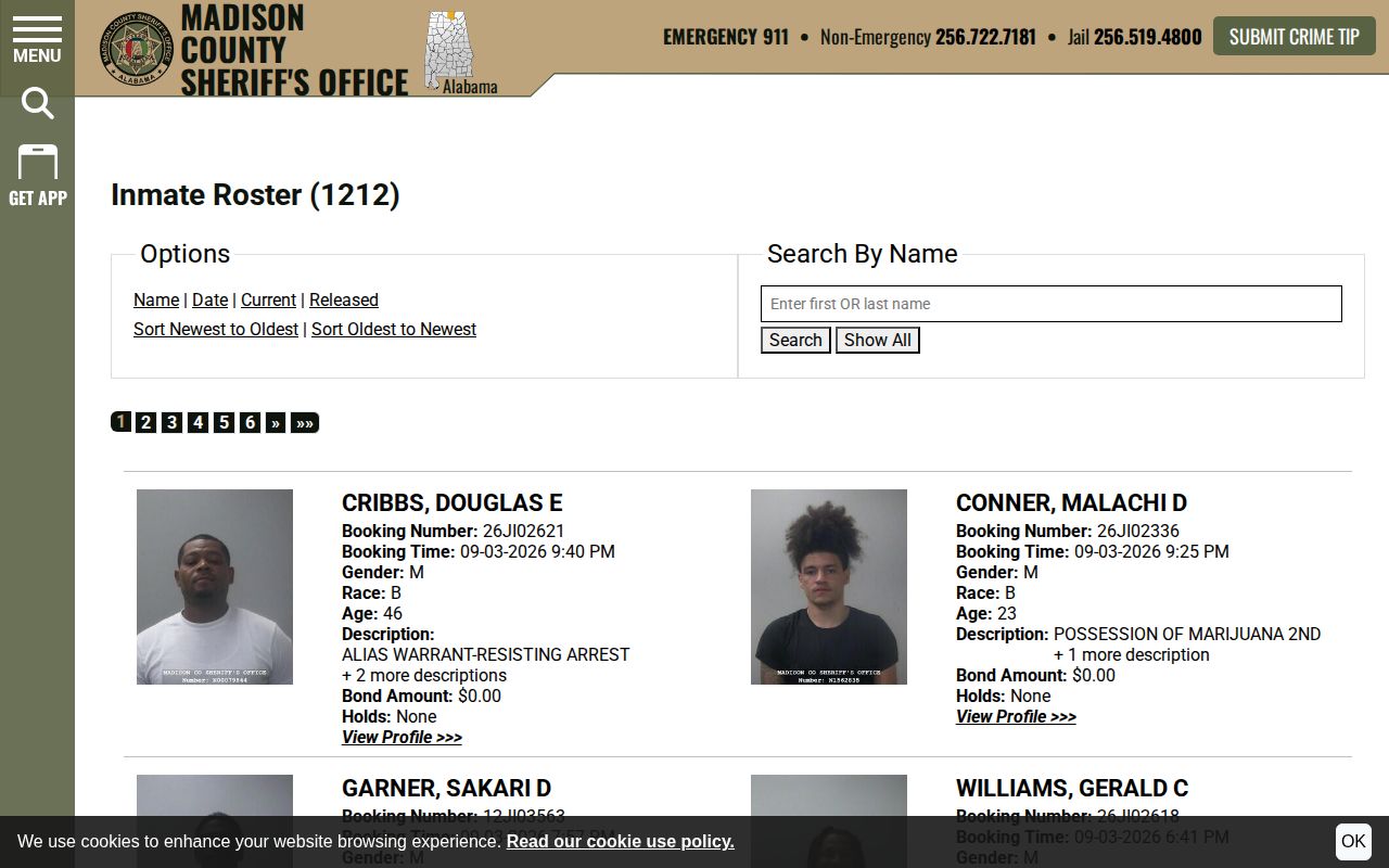 Official Madison County Sheriff inmate roster sorted by newest booking time