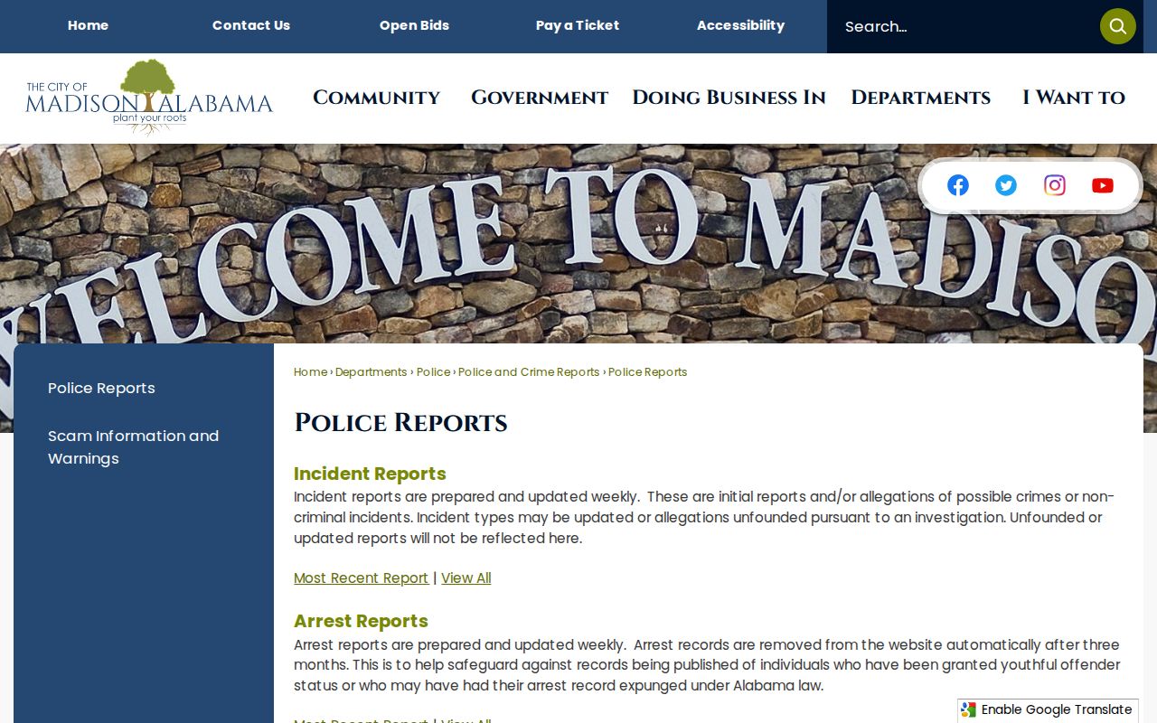 City of Madison Police Reports page explaining weekly updates and removal policy