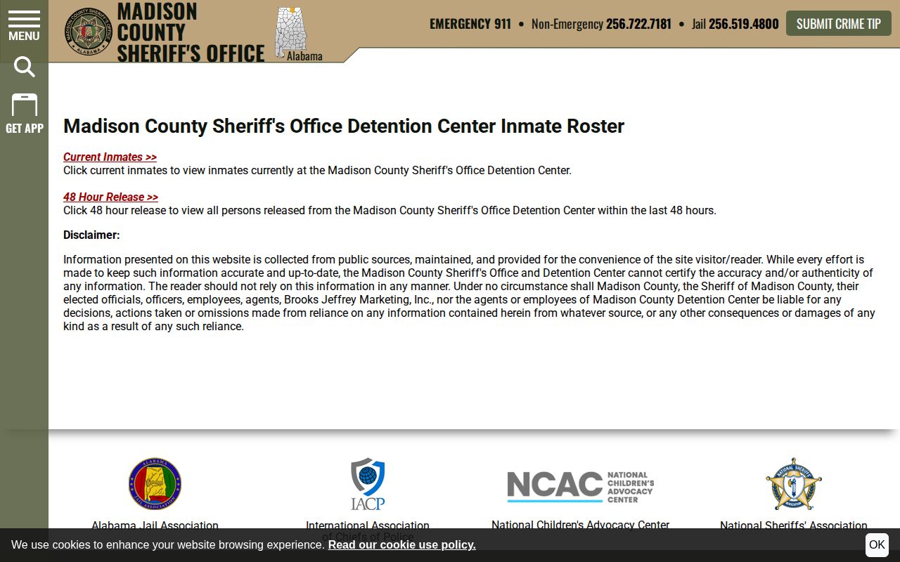 Madison County Sheriff inmate roster disclaimer and access page