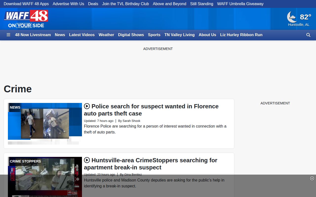 WAFF 48 local crime coverage page for Madison County and Huntsville