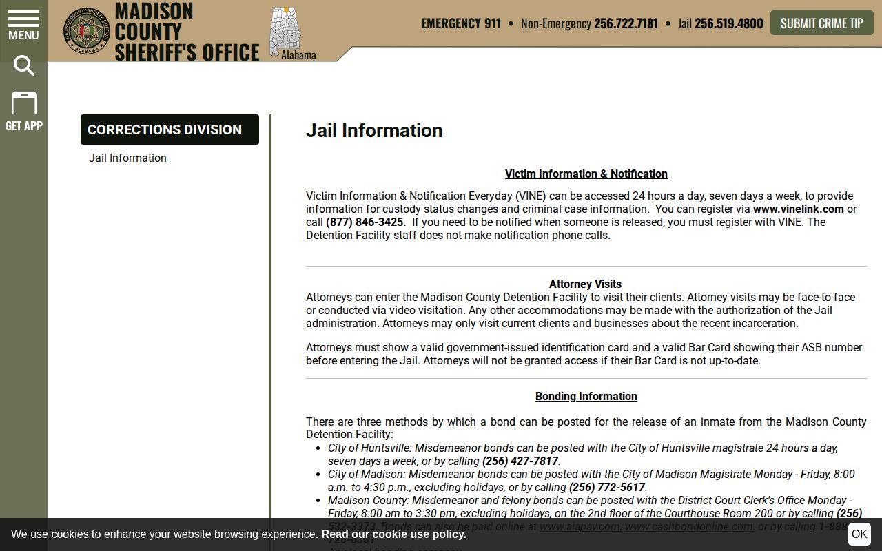 Madison County Sheriff jail information page with VINE custody notification instructions